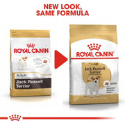 Two packages of Royal Canin Jack Russell Terrier dog food with a red arrow between them.