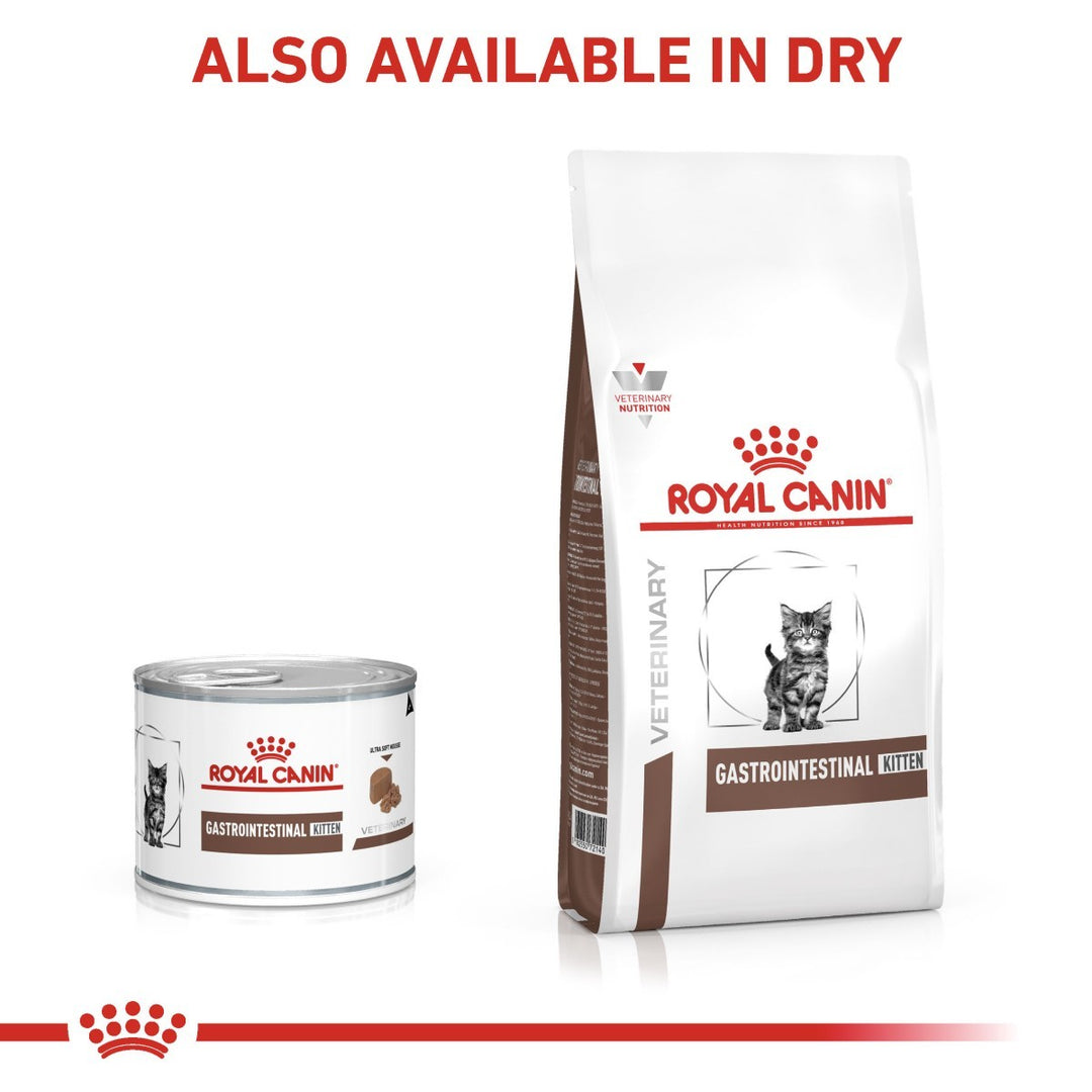 Royal Canin Gastrointestinal cat food can and bag on a white background