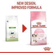 Two Royal Canin cat food packages with text indicating a new design and improved formula.