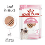 Load image into Gallery viewer, Royal Canin Kitten food package with a cat on the label and text about loaf in sauce and soft texture.
