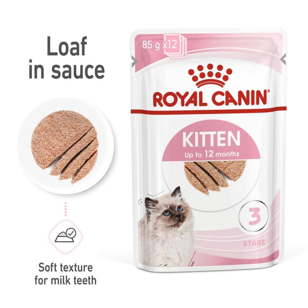 Royal Canin Kitten food package with a cat on the label and text about loaf in sauce and soft texture.