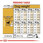 Load image into Gallery viewer, Dog feeding chart for different weight ranges with a yellow background and red accents.
