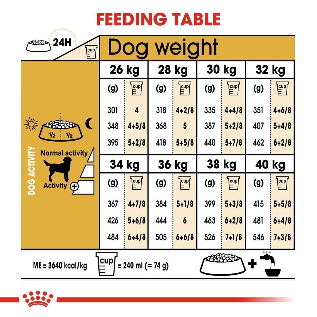 Dog feeding chart for different weight ranges with a yellow background and red accents.