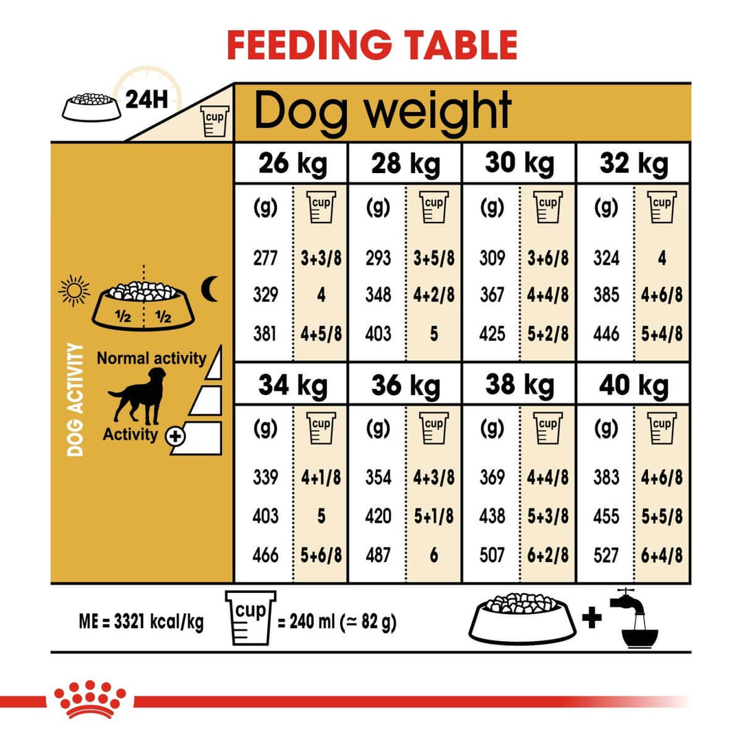 Feeding table chart for dogs with weight and activity level guidelines.
