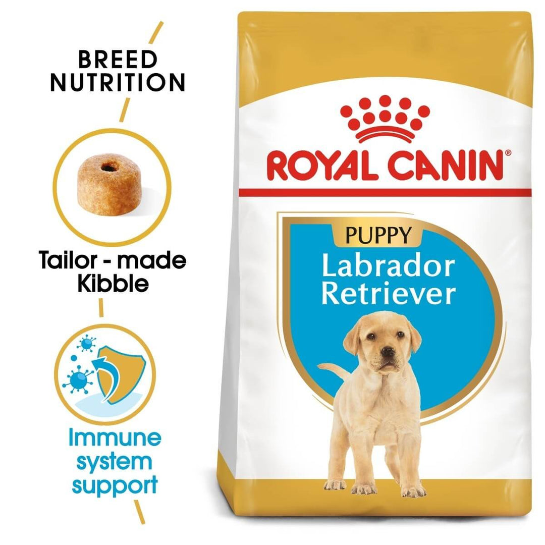 Royal Canin Labrador Retriever puppy food bag with key features highlighted
