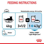 Load image into Gallery viewer, Royal Canin feeding instructions for light weight care on a white background
