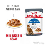 Load image into Gallery viewer, Royal Canin light weight cat food pouch with text about weight gain and thin slices in gravy.
