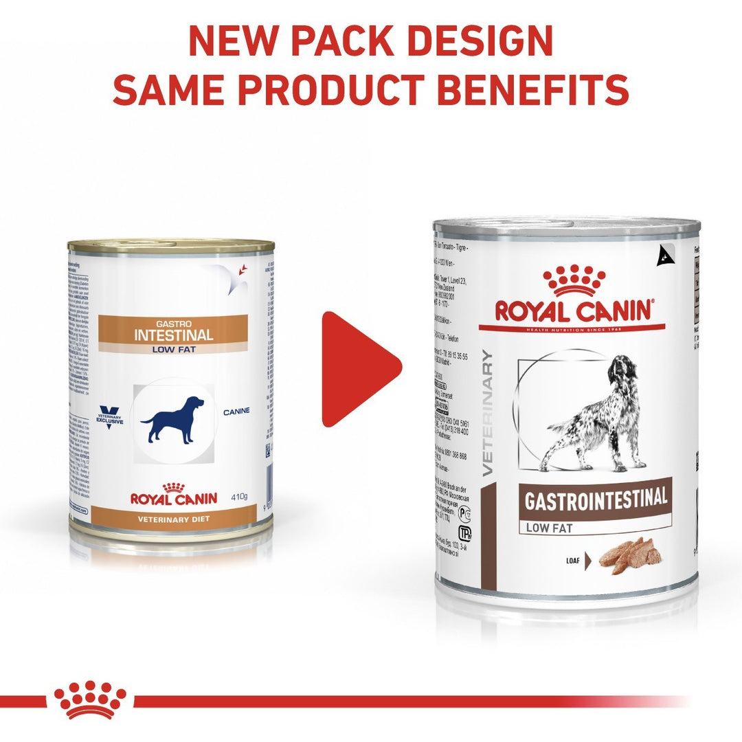 Two cans of Royal Canin Veterinary Diet Gastrointestinal Low Fat on a white background with text about new packaging design.