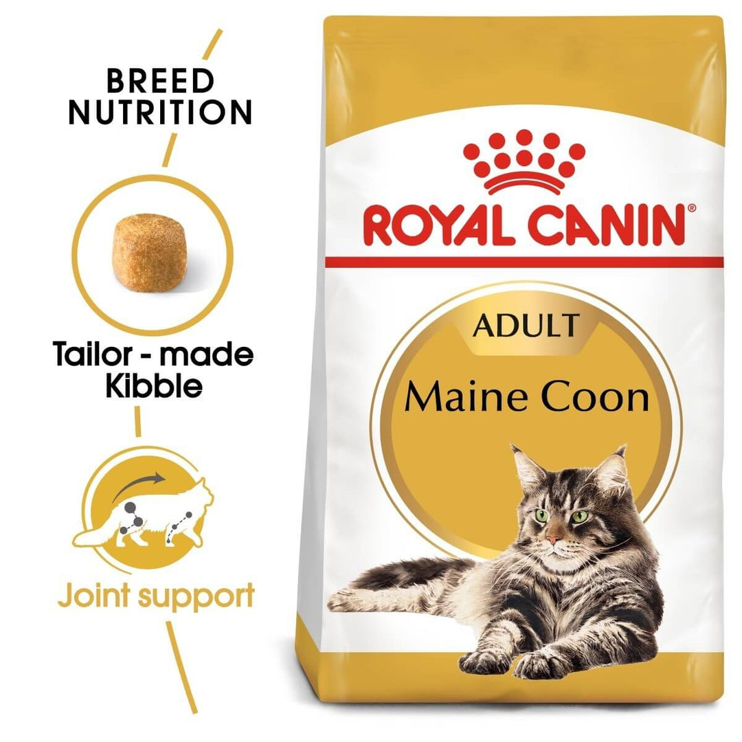 Royal Canin Maine Coon cat food bag with text highlighting features