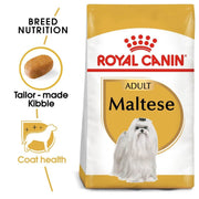 Royal Canin Adult Maltese dog food packaging with text and images of a Maltese dog.