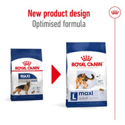 Two packages of Royal Canin Maxi Adult dog food with a red arrow and text indicating new product design.