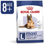 Royal Canin dog food package for maxis aged 8+ on a white background