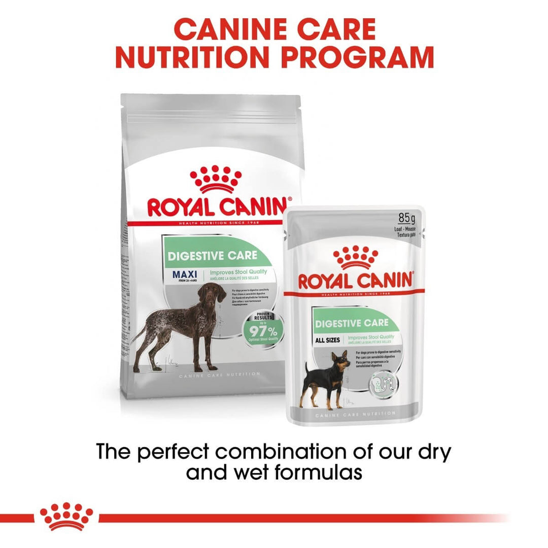 Royal Canin dog food packages with text about a canine care nutrition program on a white background.