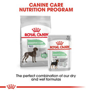 Royal Canin dog food packages with text about a canine care nutrition program on a white background.