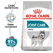 Royal Canin Joint Care Maxi dog food package with text highlighting benefits on a white background
