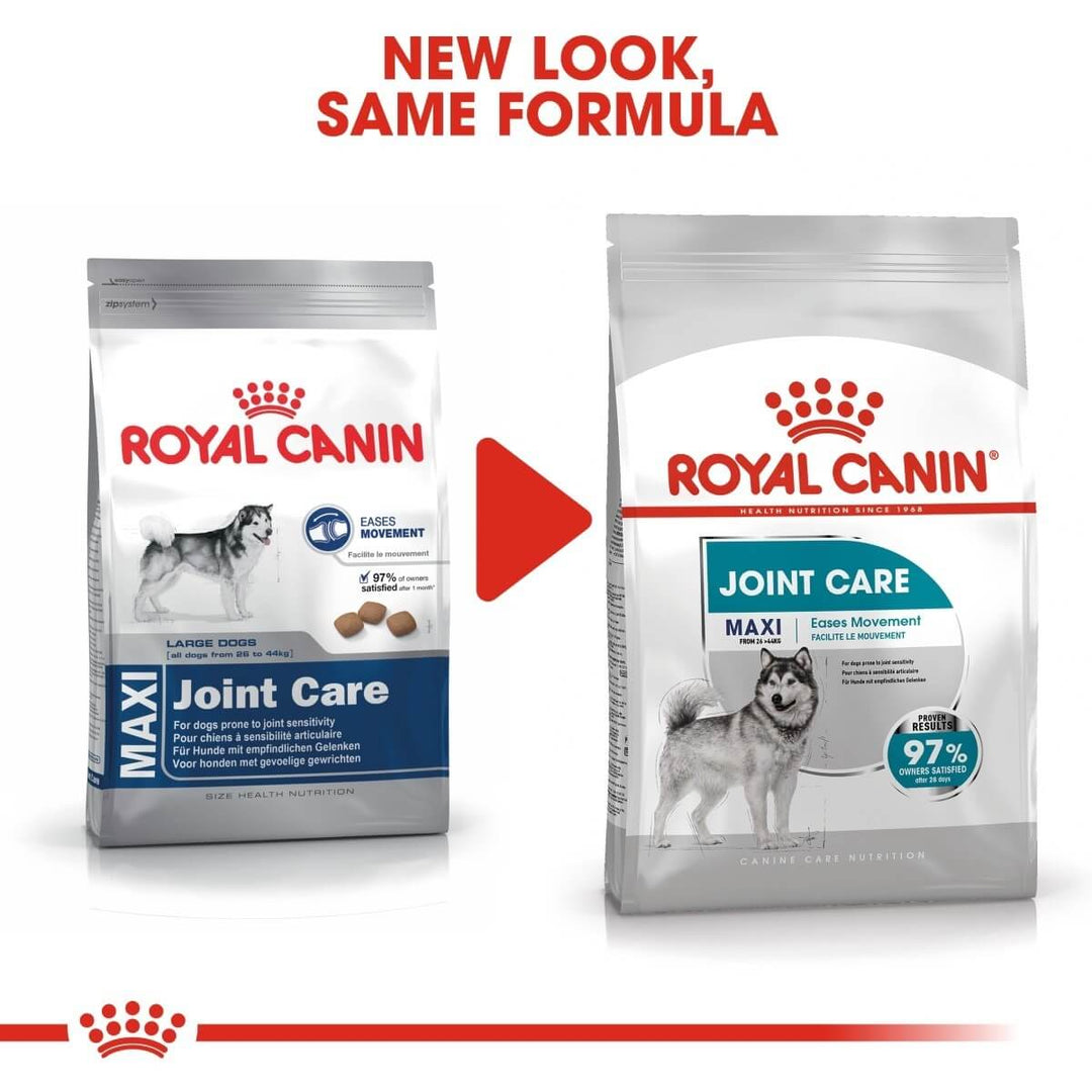 Two packages of Royal Canin Maxi Joint Care dog food with a red arrow and text indicating 'New Look, Same Formula'.