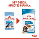 Load image into Gallery viewer, Two packages of Royal Canin Puppy Maxi dog food with text indicating a new design and improved formula.
