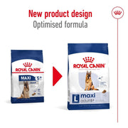 Two packages of Royal Canin Maxi dog food with a red arrow and text indicating new product design.