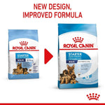 Load image into Gallery viewer, Two packages of Royal Canin Starter Maxi dog food with a red arrow and text indicating new design and improved formula.

