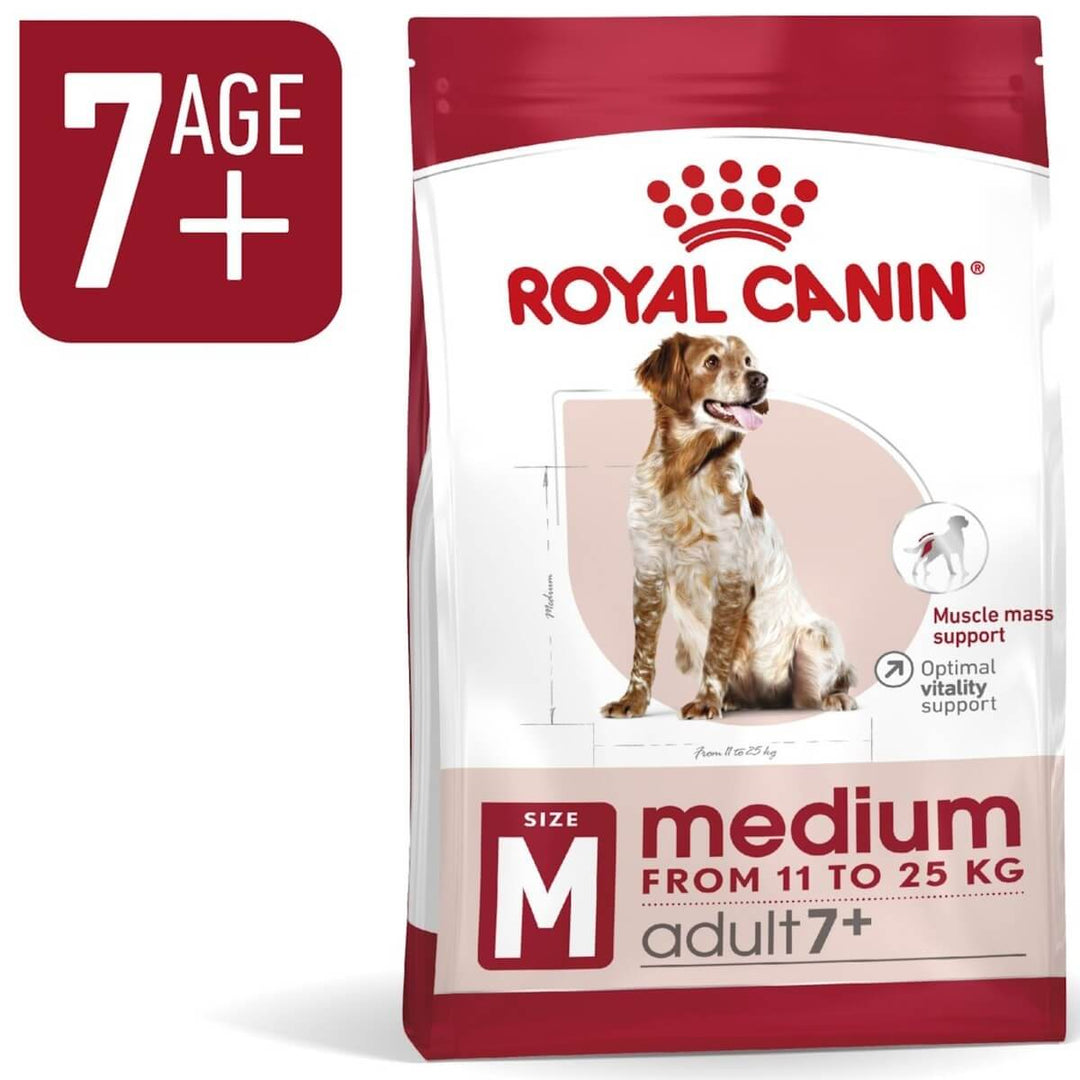 Royal Canin Medium adult 7+ dog food packaging on a white background