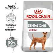 Royal Canin Dental Care Medium dog food packaging with text highlighting benefits