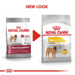 Load image into Gallery viewer, Two packages of Royal Canin Dermacomfort with a red arrow between them indicating a &#39;new look&#39;.
