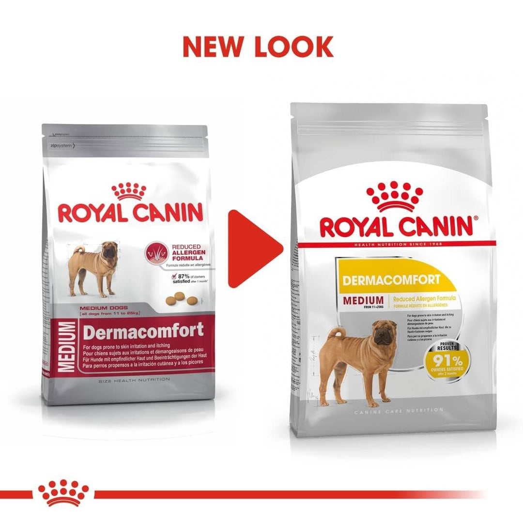 Two packages of Royal Canin Dermacomfort with a red arrow between them indicating a 'new look'.