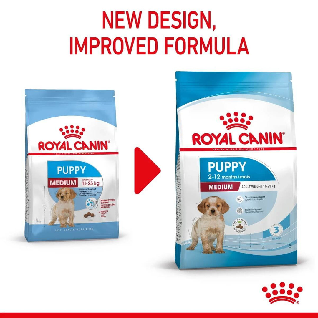Two packages of Royal Canin Puppy Medium dog food with a red arrow and text indicating new design and improved formula.