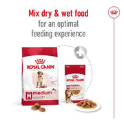Royal Canin dog food packages with text on an optimal feeding experience.