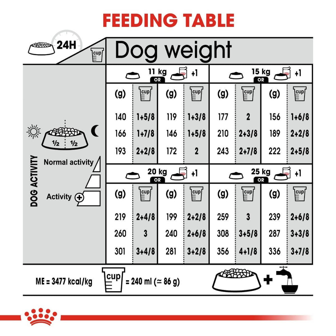 Feeding chart for dogs with weight and activity levels