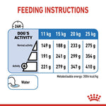 Load image into Gallery viewer, Feeding instructions for a dog with weight and activity levels on a label.
