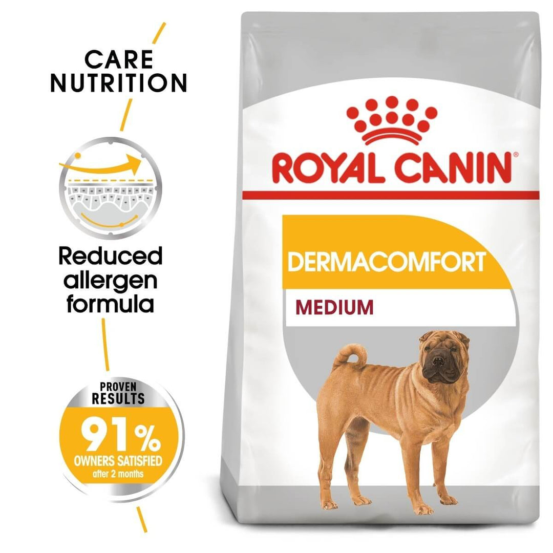 Royal Canin Dermacomfort Medium dog food packaging on a white background