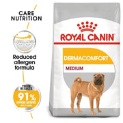 Royal Canin Dermacomfort Medium dog food packaging on a white background