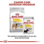 Royal Canin dog food packages with text about a canine care nutrition program on a white background.