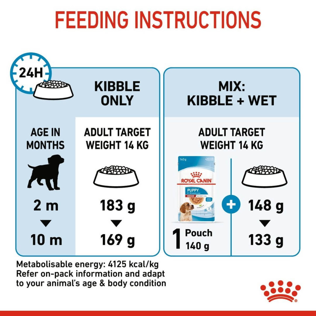 Feeding instructions for a dog with Royal Canin branding