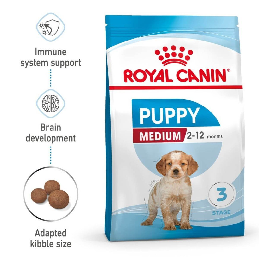 Royal Canin Puppy Medium dog food package with text highlighting features on a white background