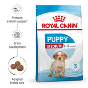 Royal Canin Puppy Medium dog food package with text highlighting features on a white background