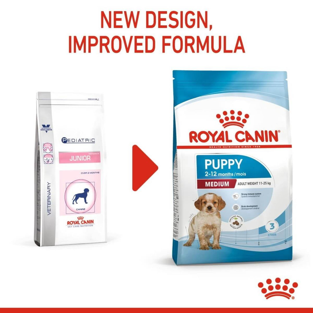 Two Royal Canin pet food packages with text indicating new design and improved formula.