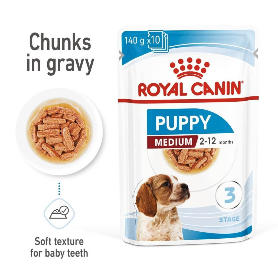 Royal Canin Puppy Medium dog food package with text and image of a puppy.