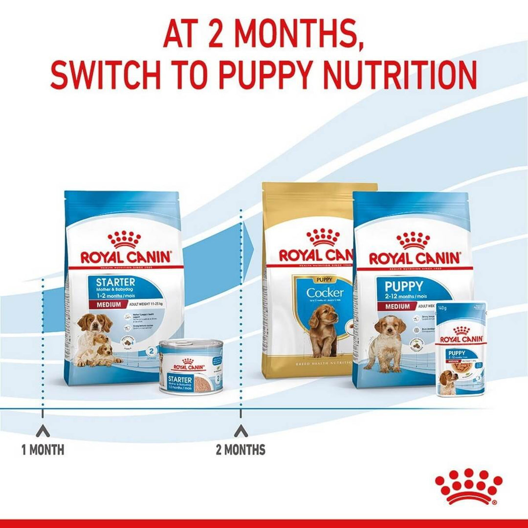 Royal Canin dog food products with text indicating switching to puppy nutrition at 2 months.