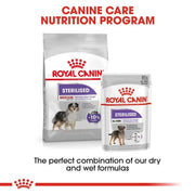 Royal Canin dog food packages for sterilised dogs on a white background