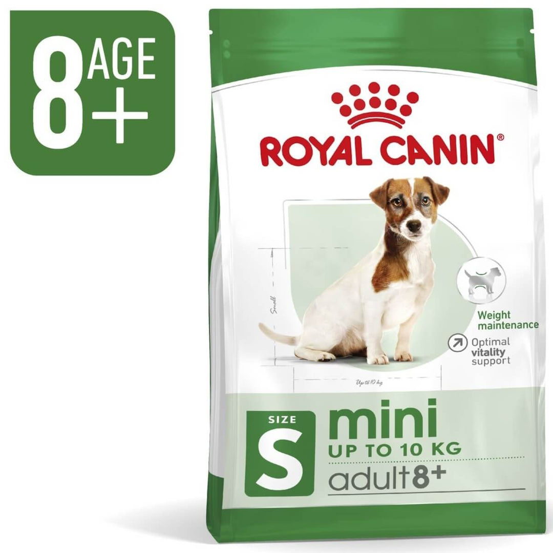 Royal Canin mini adult 8+ dog food package on a white background
