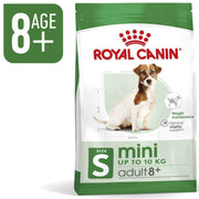 Royal Canin mini adult 8+ dog food package on a white background