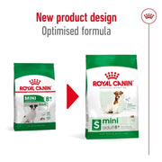 Two packages of Royal Canin Mini adult dog food with a red arrow between them on a white background.