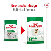Two packages of Royal Canin Mini Adult dog food with a red arrow and text indicating new product design and optimized formula.