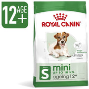 Royal Canin mini dog food package for ageing dogs up to 10 kg on a white background