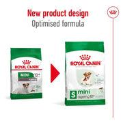 Two packages of Royal Canin Mini Ageing 12+ dog food with a red arrow and text indicating new product design and optimized formula.