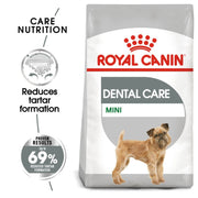 Royal Canin Mini Dental Care dog food packaging with text highlighting benefits