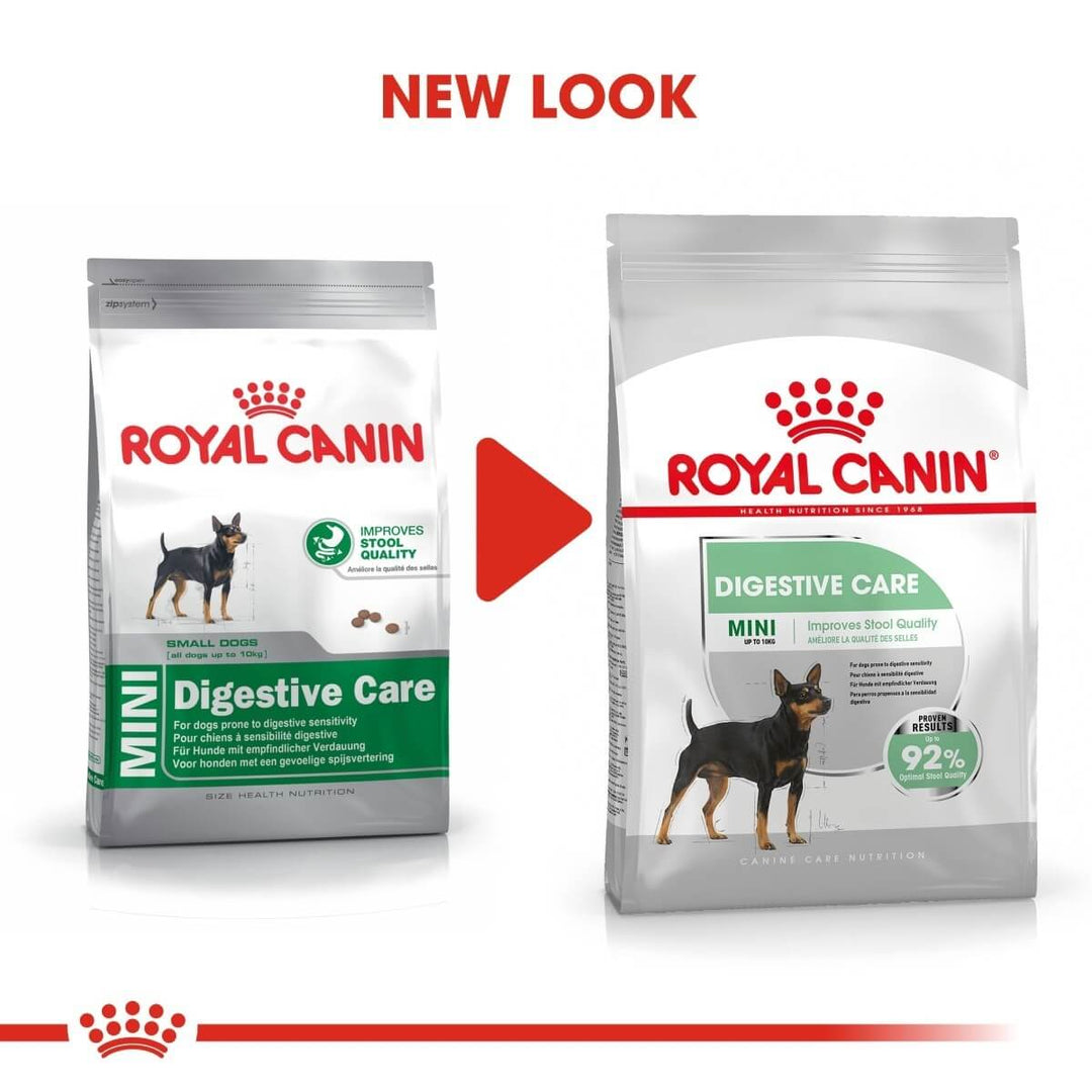 Two packages of Royal Canin Mini Digestive Care with a red arrow between them indicating 'New Look'.