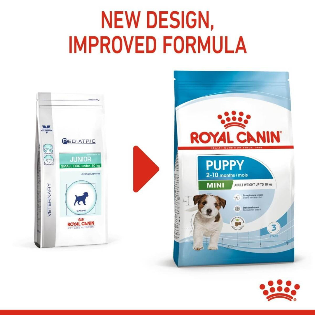 Two Royal Canin pet food packages with text indicating a new design and improved formula.